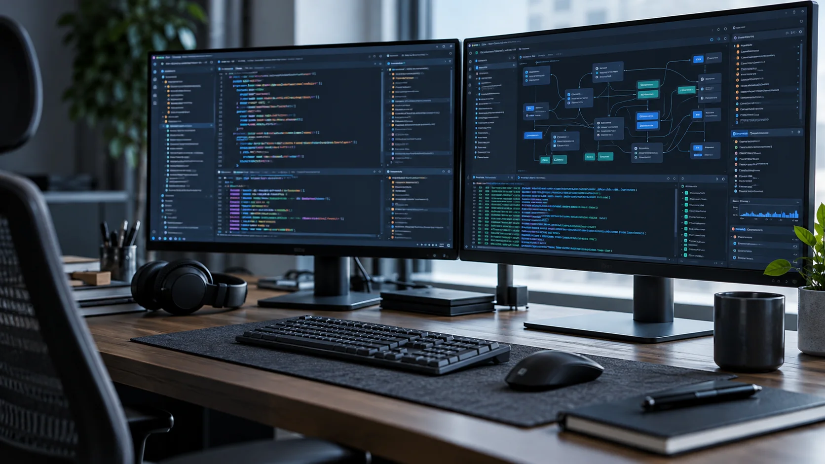 Software engineering workstation showing code and a system dependency diagram