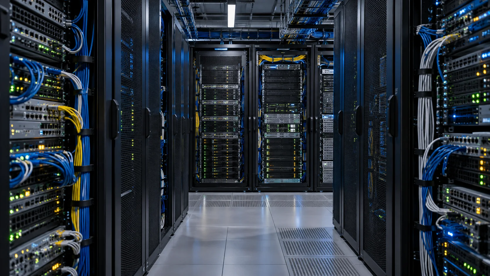 Server racks, network switches and cabling in a data centre